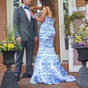 Blue and white print prom dress